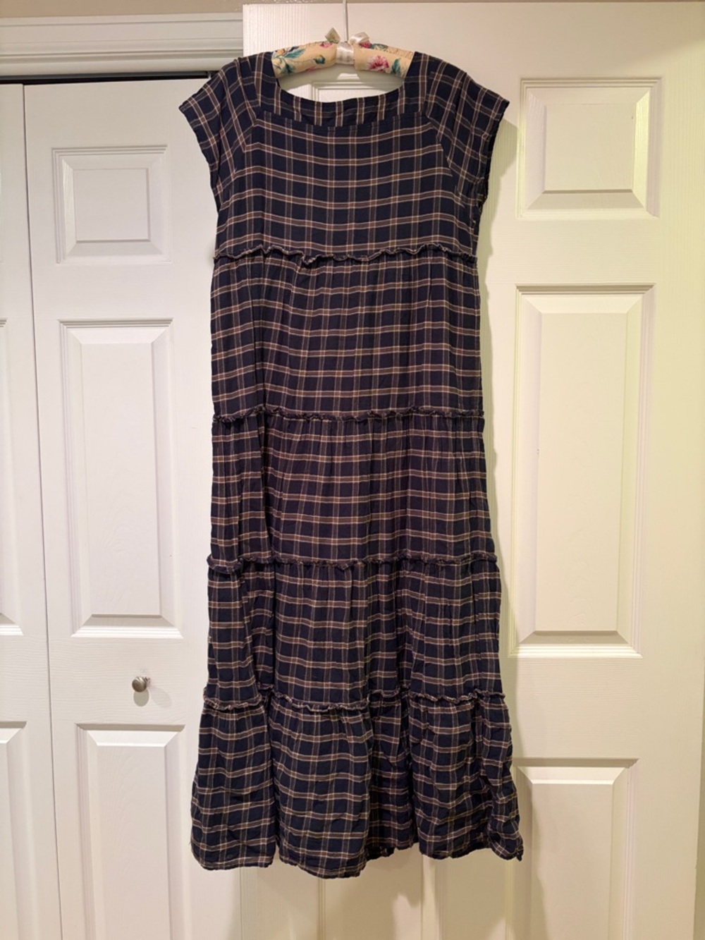 NATURAL LIFE Boho Navy, Army green, and Tan Plaid Tiered Maxi Dress